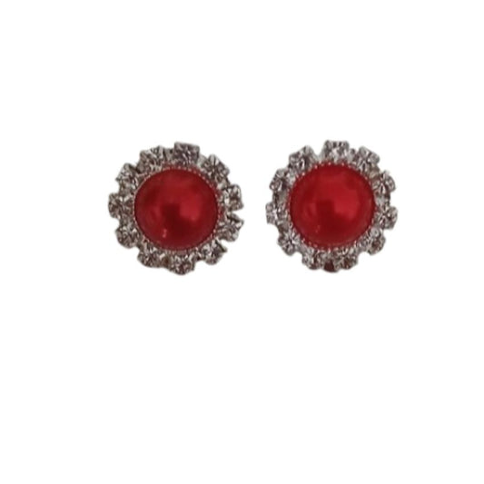 Red Round Diamante Clip On Earrings