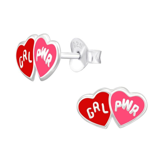Red Sterling Silver Double Heart Childrens Earrings