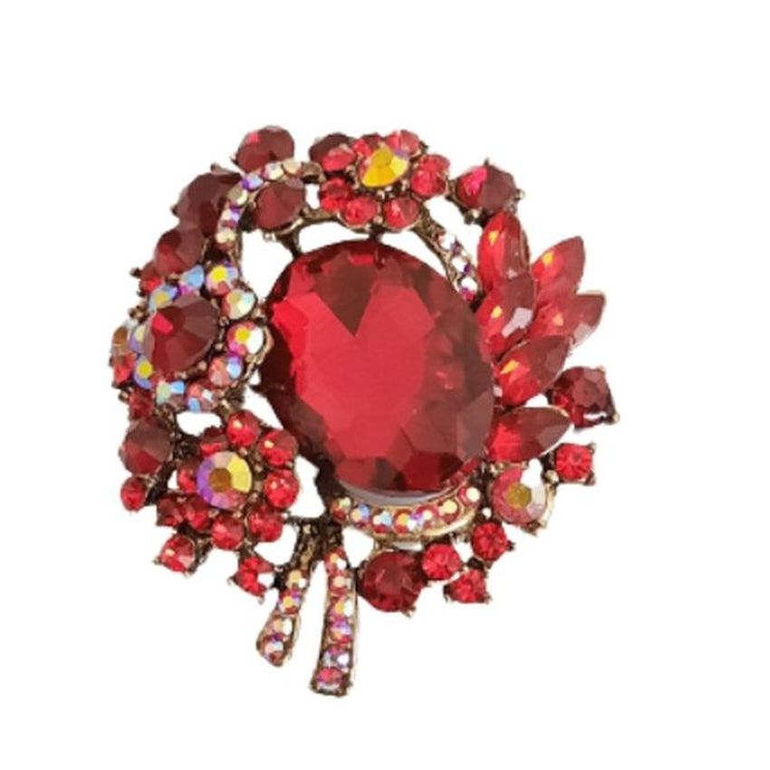 Red Stone Large Flower Centre Crystal Brooch