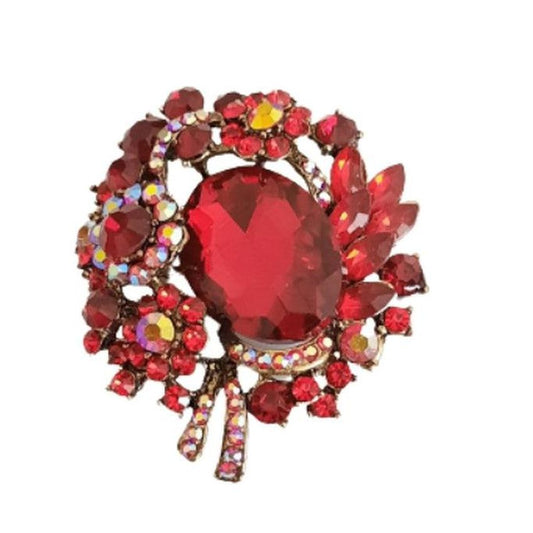 Red Stone Large Flower Centre Crystal Brooch