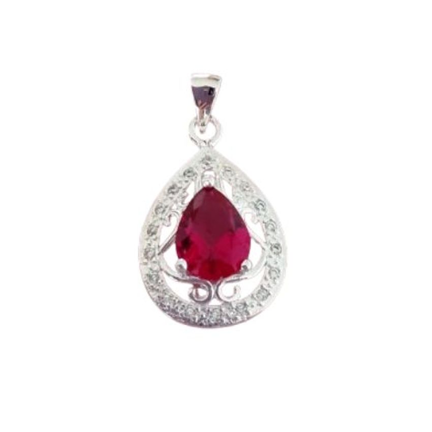 Red Centre Stone Cubic Zirconia Pendant With a Filigree Surround