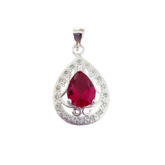 Red Centre Stone Cubic Zirconia Pendant With a Filigree Surround