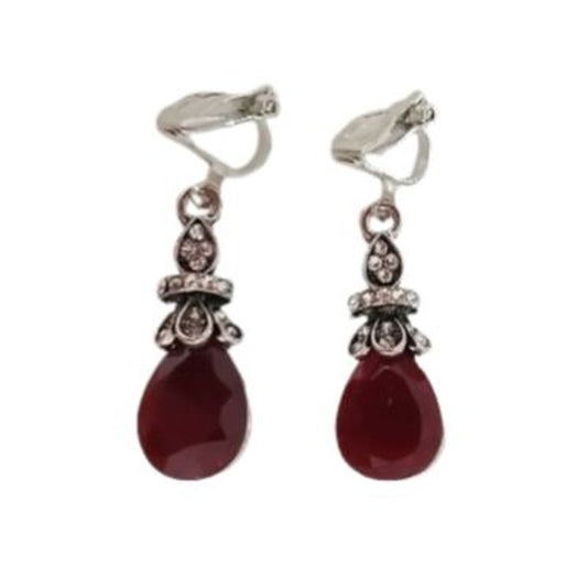 Red Diamante Drop Clip On Earrings