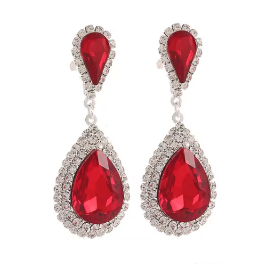 Red Double Diamante Clip On Earrings