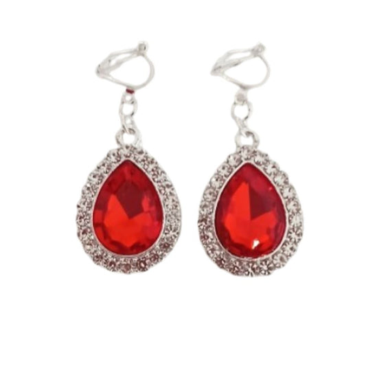 Red Oval Crystal Diamante Clip On Earrings
