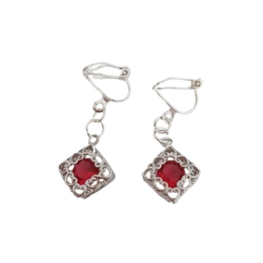 Red Stone Filigree Clip On Earrings
