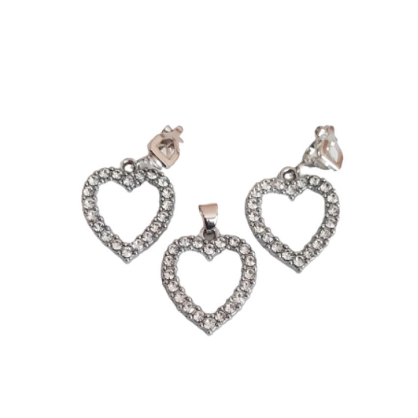 Rhodium Plated Heart Clip On Earring Set