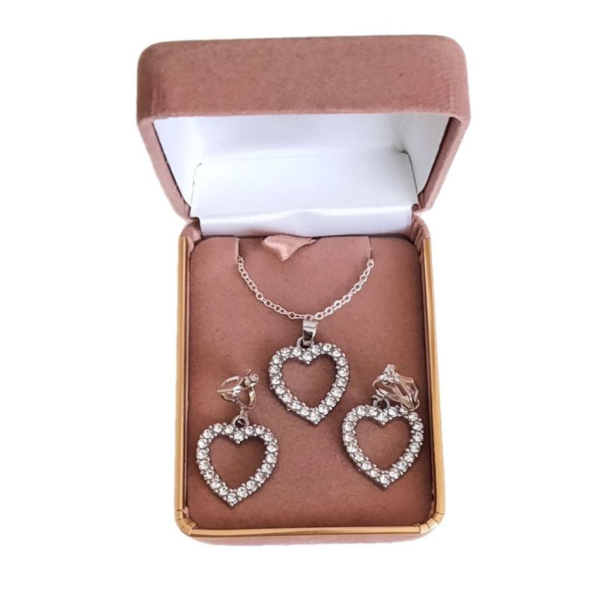 Rhodium Plated Heart Clip On Earring Set(2)