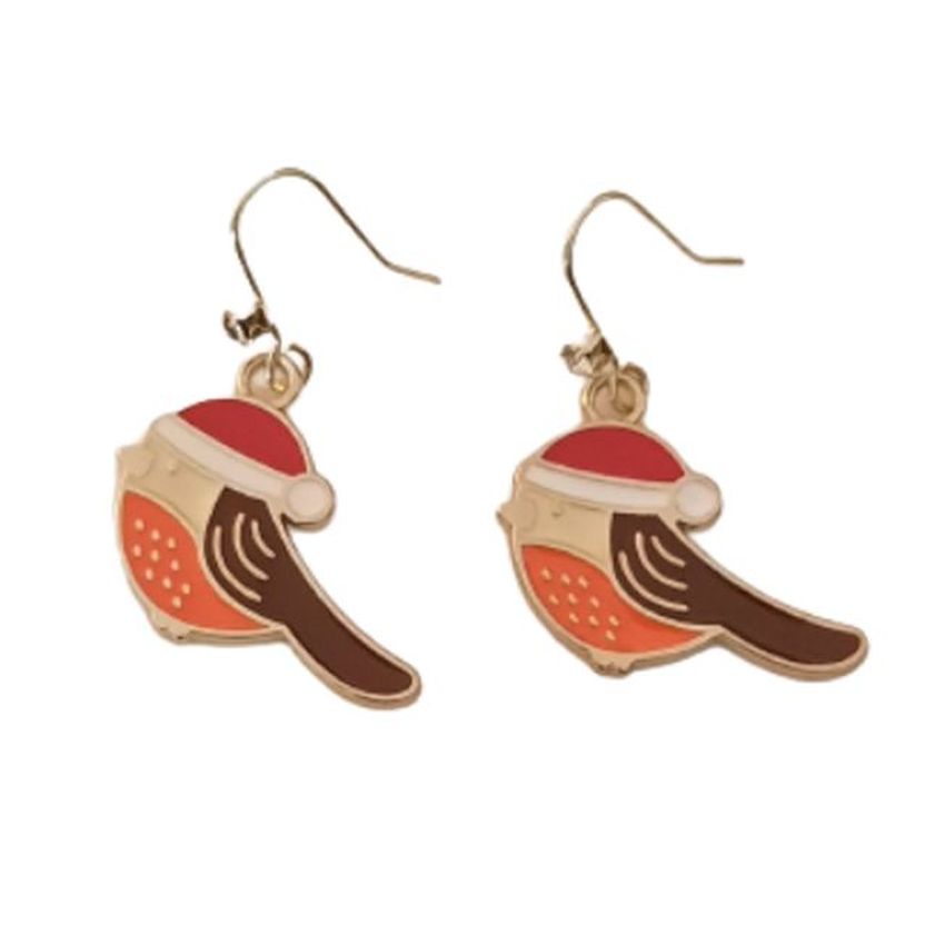 Robin In A Christmas Hat Earrings