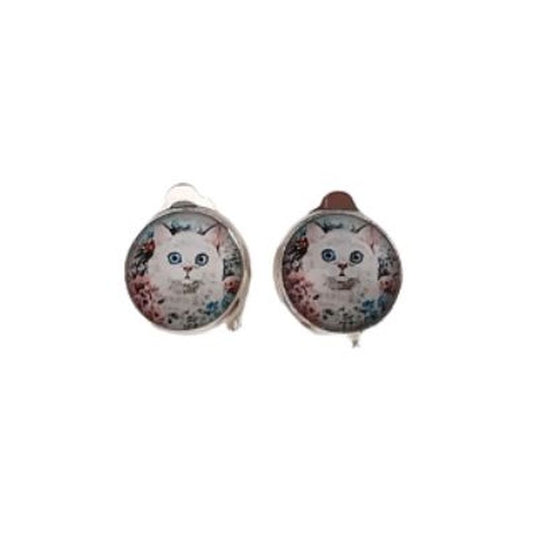 Round Cabochon Cat Clip On Earrings