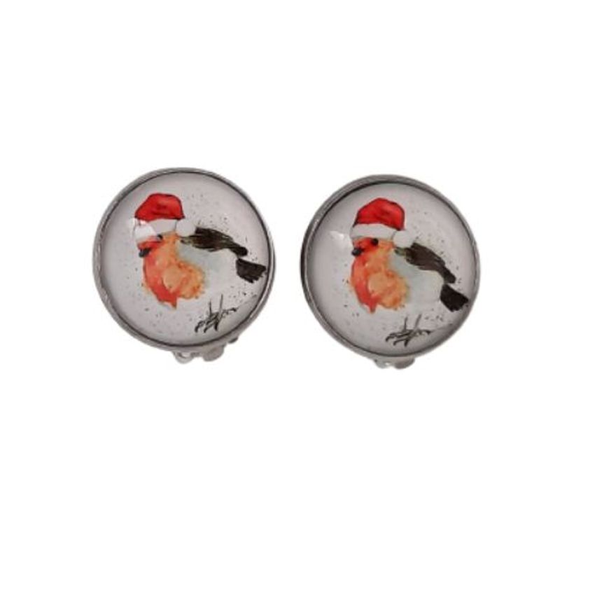 Round Christmas Robin Clip On Earrings