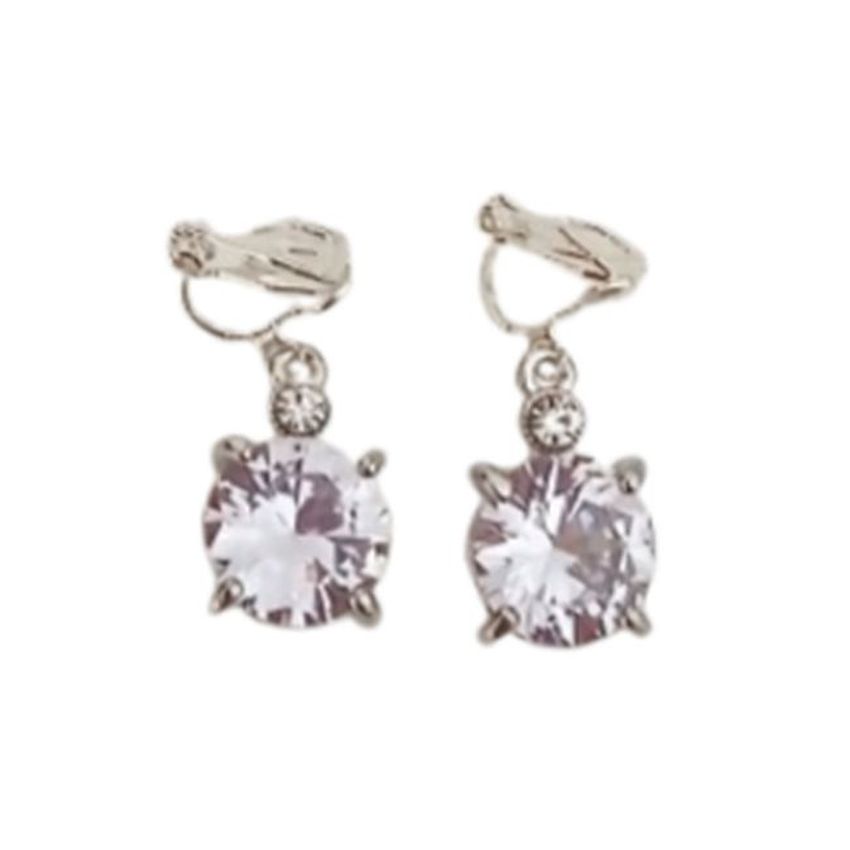 Round Diamante Drop Silver Clip On Earrings
