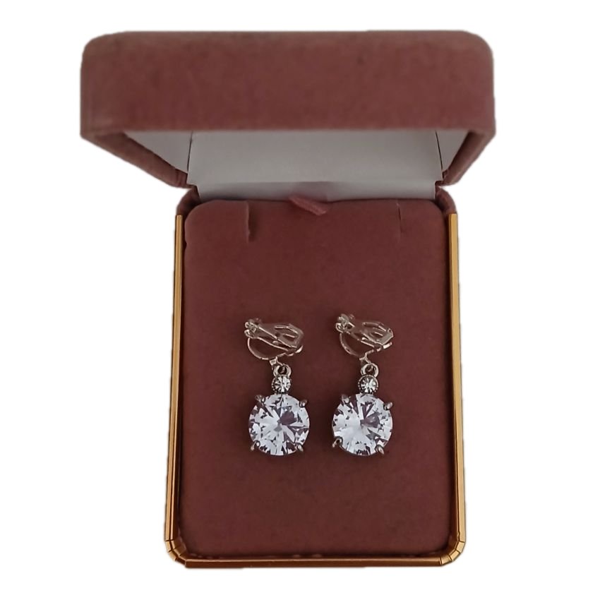 Round Diamante Drop Silver Clip On Earrings(2)