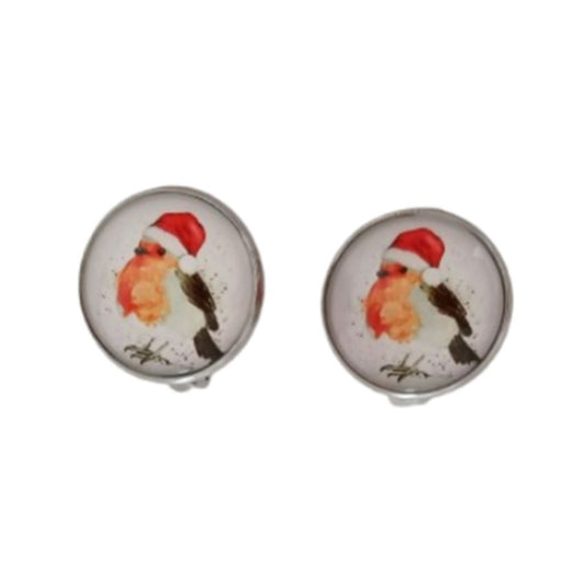 Round Christmas Robin Clip On Earrings