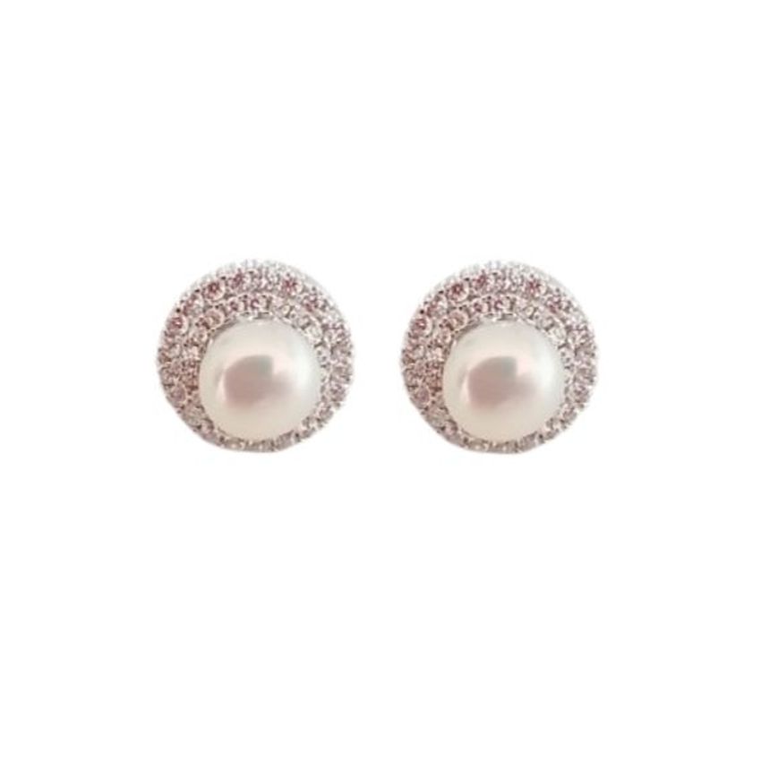 Round Pearl Stud Earrings With White Cubic Zirconia