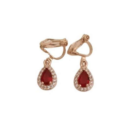 Ruby Red Crystal Drop Clip On Earrings