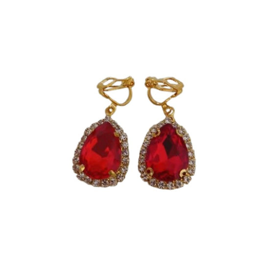 Ruby Red Drop Diamante Clip On Earrings