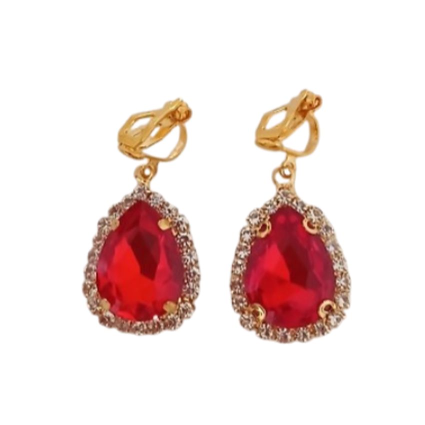 Ruby Red Drop Diamante Clip On Earrings