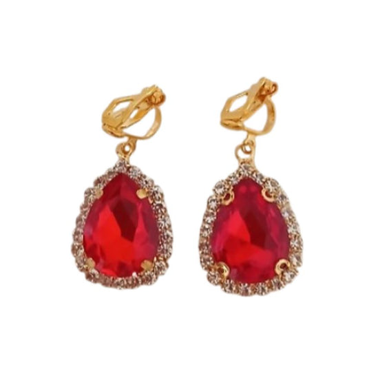 Ruby Red Drop Diamante Clip On Earrings