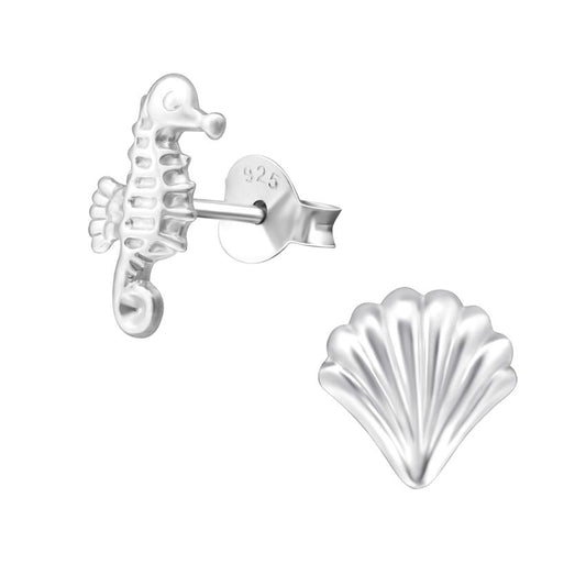 Seahorse And Shell Sterling Silver Earrings