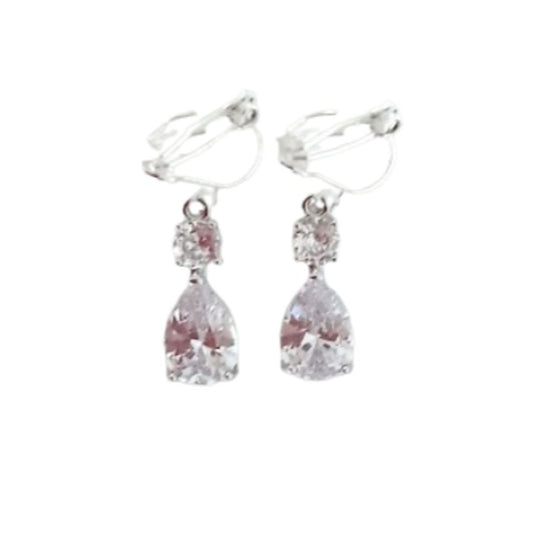 Silver Double Stone Drop Clip On Earrings