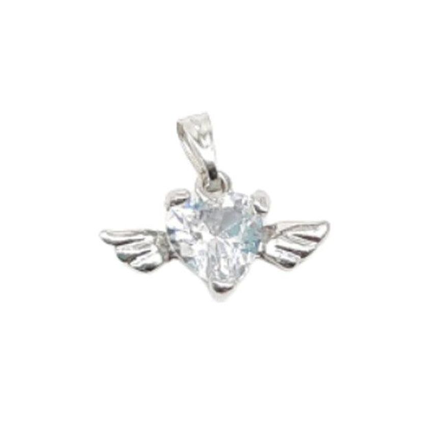 Silver Plated Cubic Zirconia Heart With Angel Wings Pendant