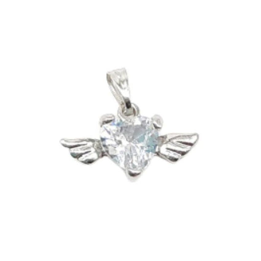 Silver Plated Cubic Zirconia Heart With Angel Wings Pendant