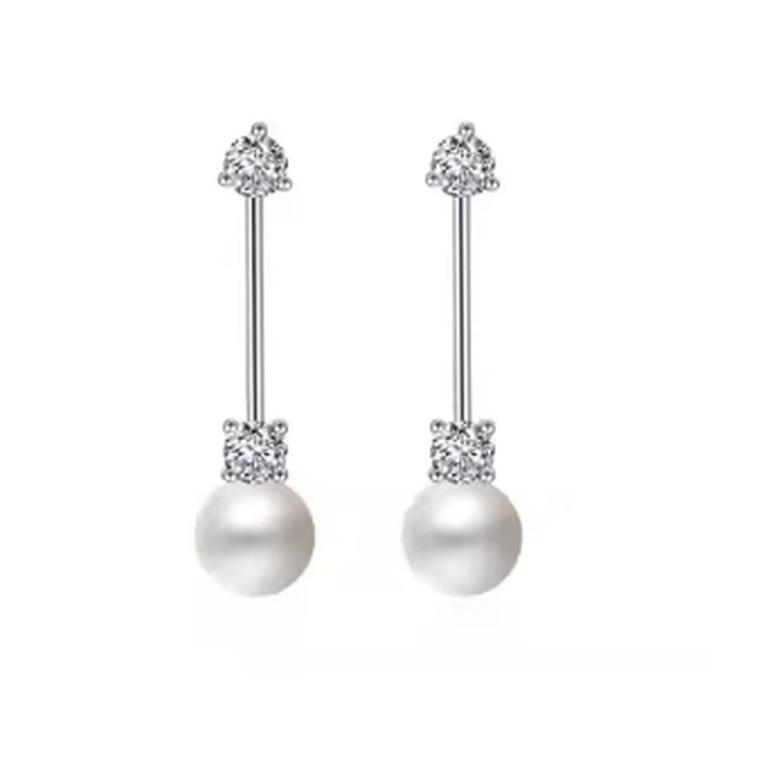 Silver Stem Pearl Earrings With Cubic Zirconia Stones