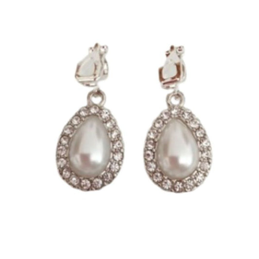 Silver Tear Drop Pearl Clip On Earrings