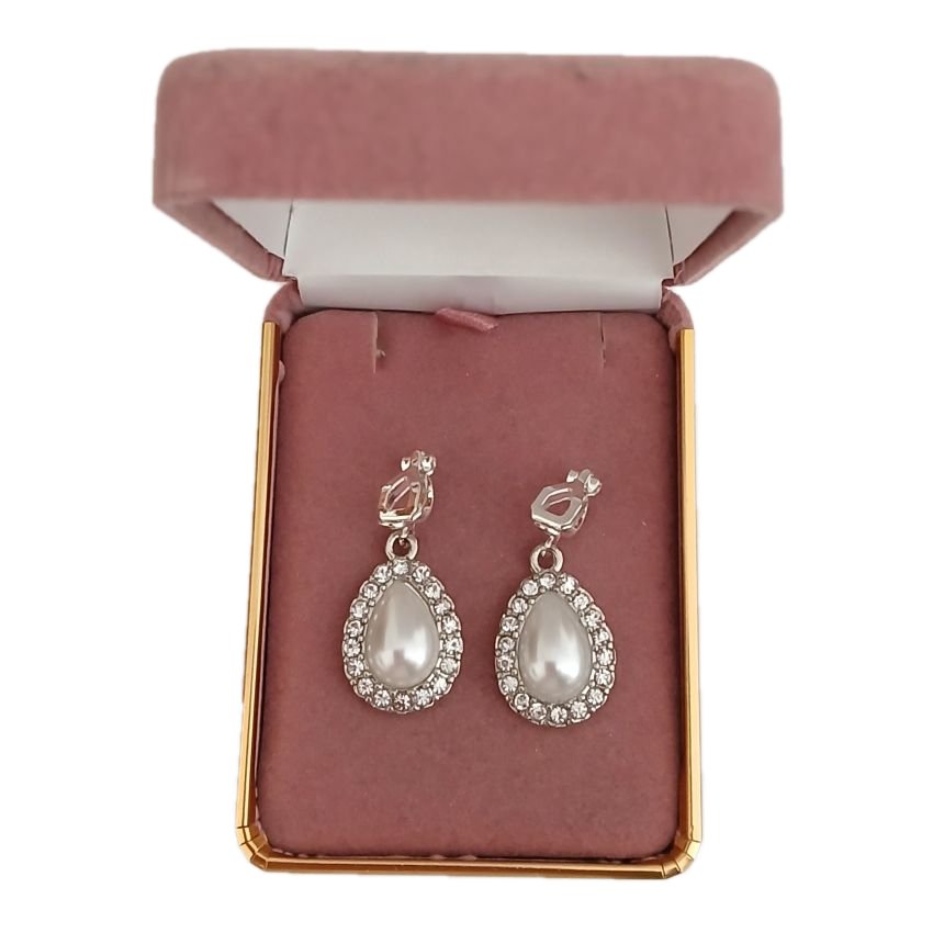 Silver Tear Drop Pearl Clip On Earrings(2)