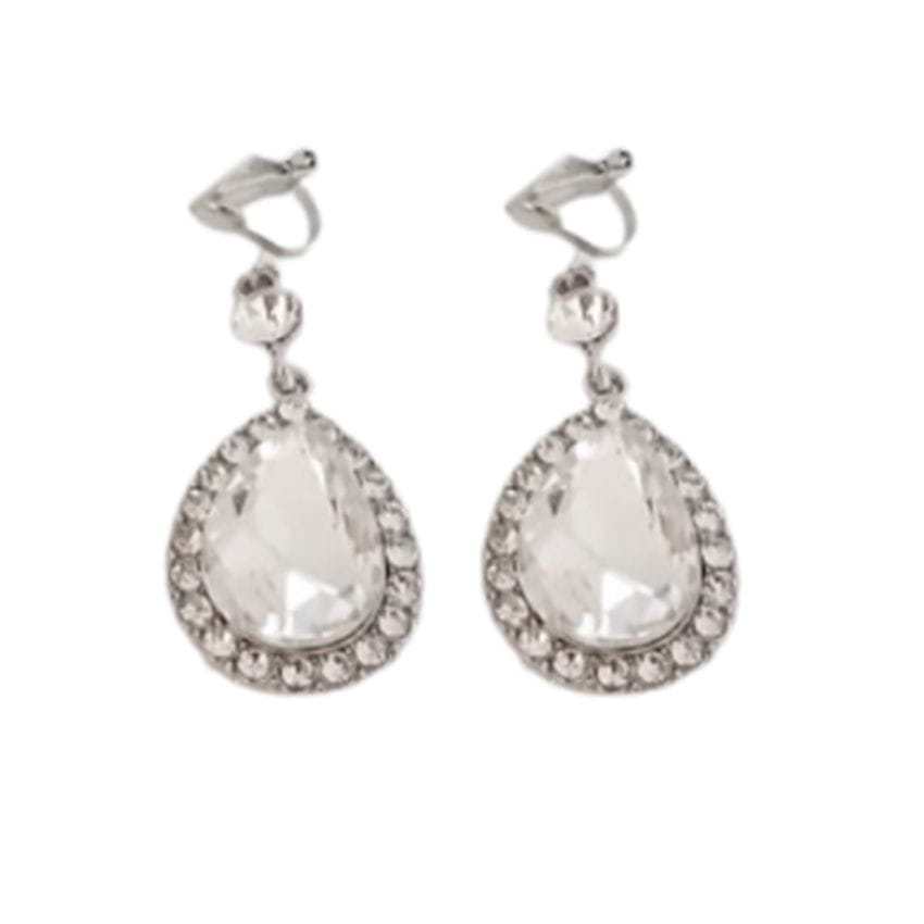 Silver Two Stone Drop Clip On Earrings