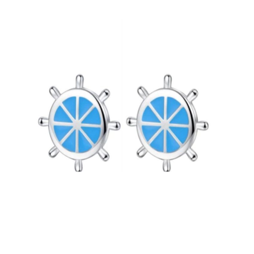 Silver Blue Boat Wheel Stud Earrings
