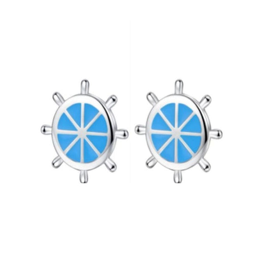Silver Blue Boat Wheel Stud Earrings