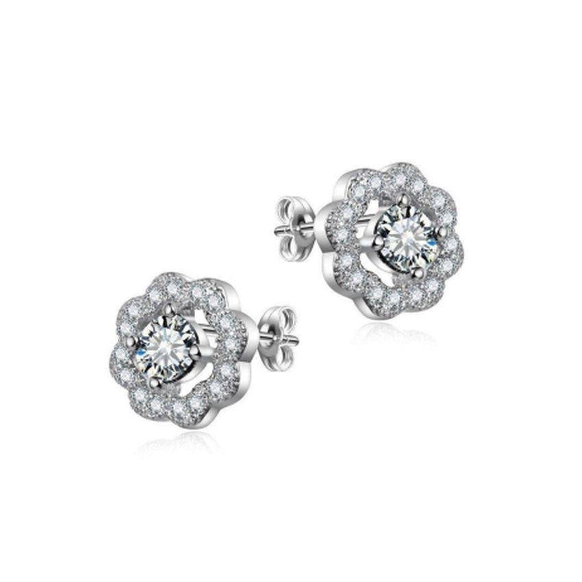 Silver Cubic Zirconia Open Flower Petals Earrings