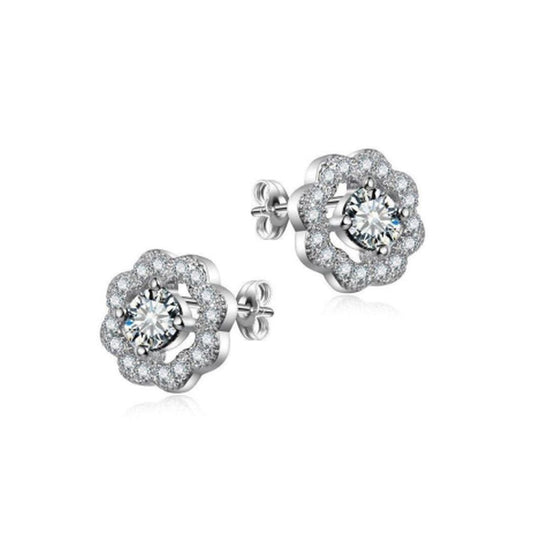 Silver Cubic Zirconia Open Flower Petals Earrings