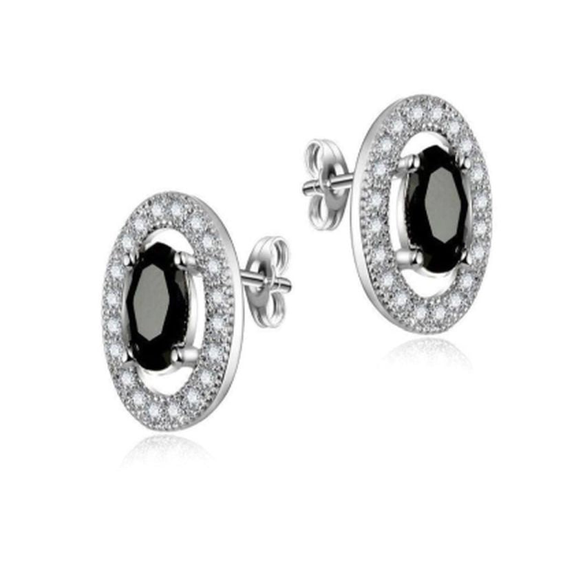 Silver Oval Black Centre Diamante Earrings