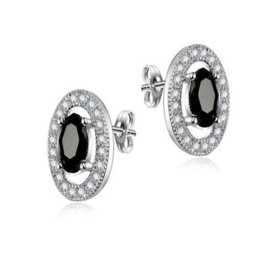 Silver Oval Black Centre Diamante Earrings