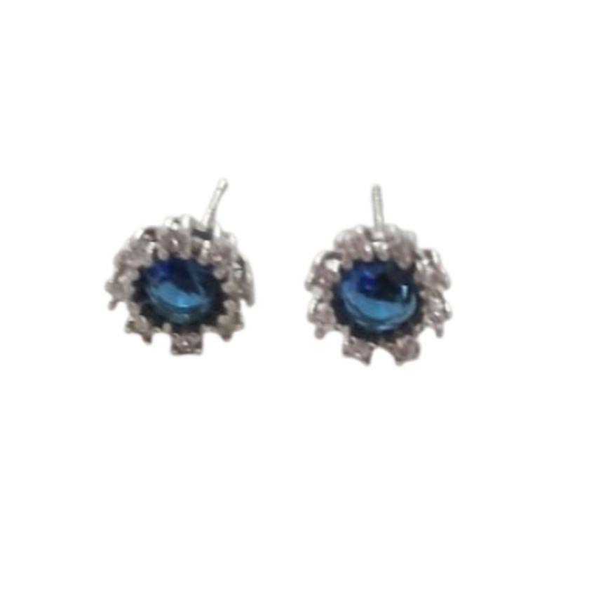 Silver Cluster Earrings With a Blue Centre Stone And CZ
