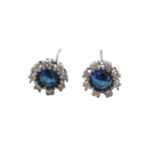 Silver Cluster Earrings With a Blue Centre Stone And CZ