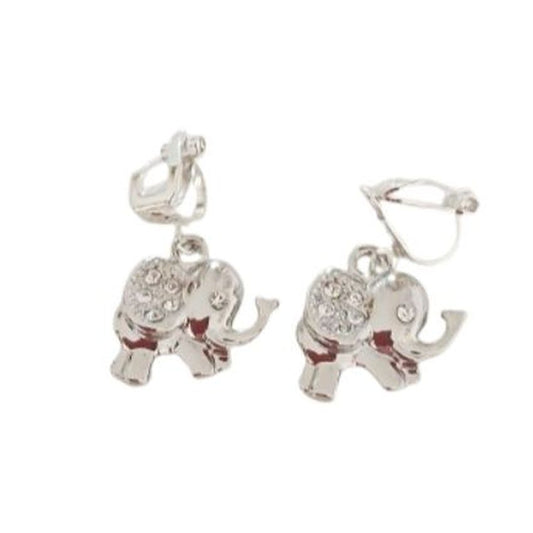 Silver Diamante Elephant Clip On Earrings