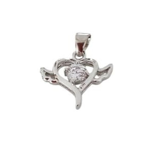 Silver Heart With CZ Stone And Angel Wings Pendant