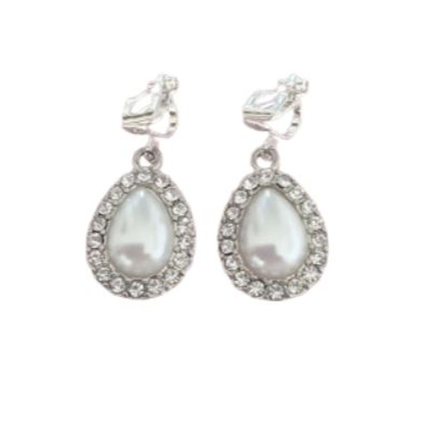Silver Tear Drop Pearl Clip On Earrings