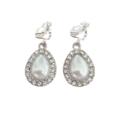 Silver Tear Drop Pearl Clip On Earrings