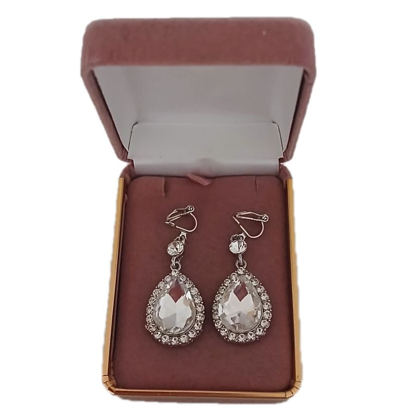 Silver Two Stone Drop Clip On Earrings(2)