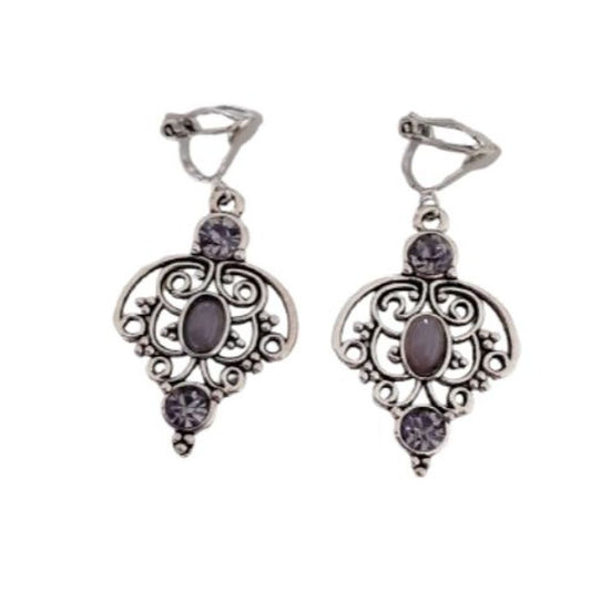 Silver Vintage Filigree Drop Clip On Earrings