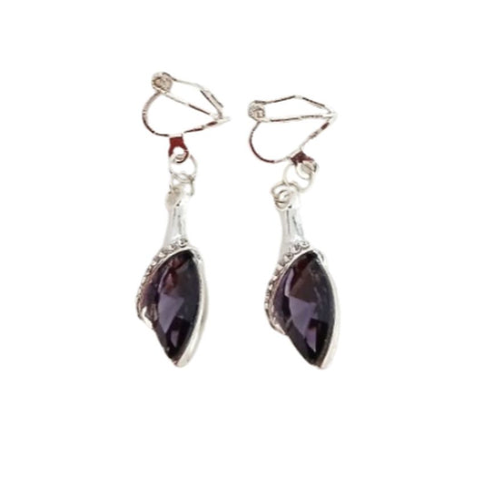 Slim Purple Stone Diamante Clip On Earrings