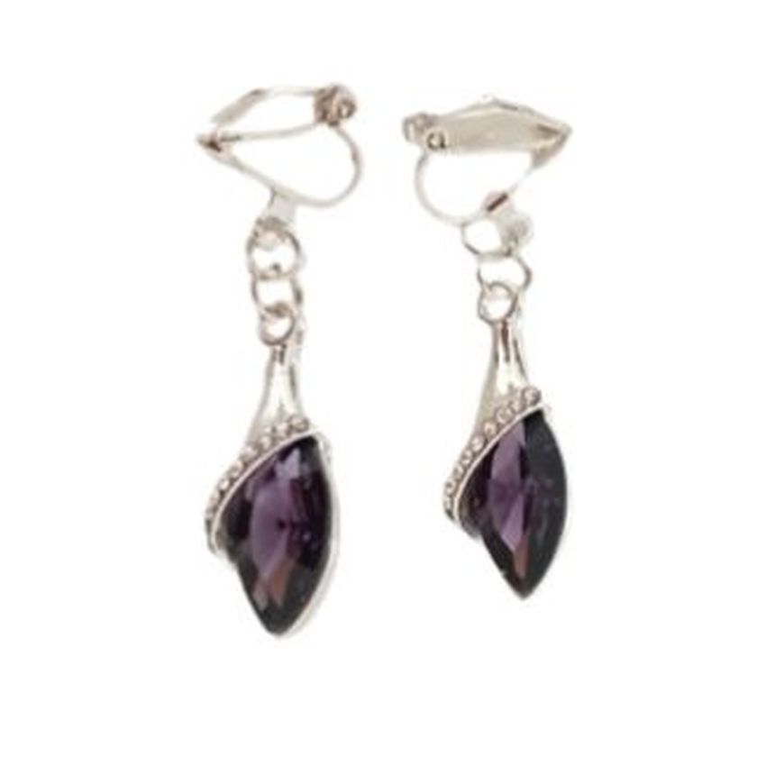 Slim Purple Stone Diamante Clip On Earrings
