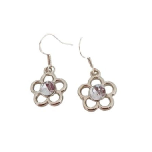 Small Drop Open Silver CZ Flower Earrings
