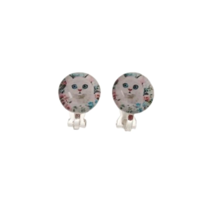 Small Round Cat Clip On Earrings