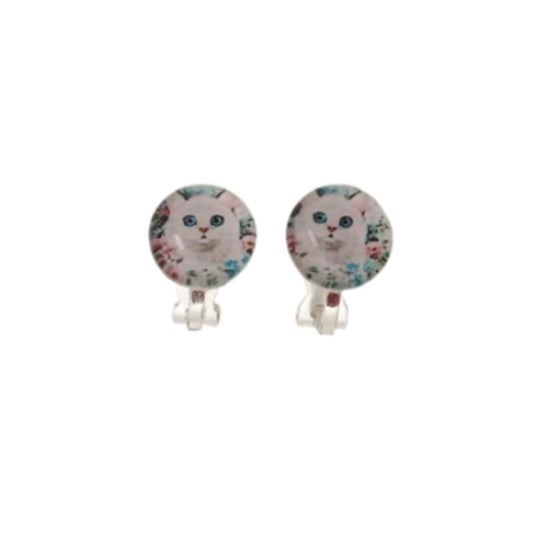 Small Round Cat Clip On Earrings